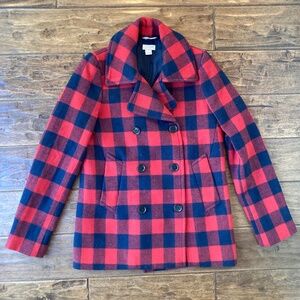 J. Crew sz 4 Wool Blend Red & Navy Buffalo Check Plaid Peacoat Winter Holiday
